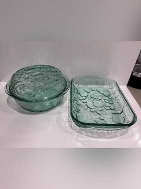 Vintage Libbey Orchard Fruit Round Green Clear Glass Casserole Dish Set